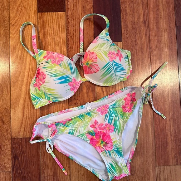 La Vie En Rose AQUA | Tropical floral two piece bikini set size large - Picture 1 of 3